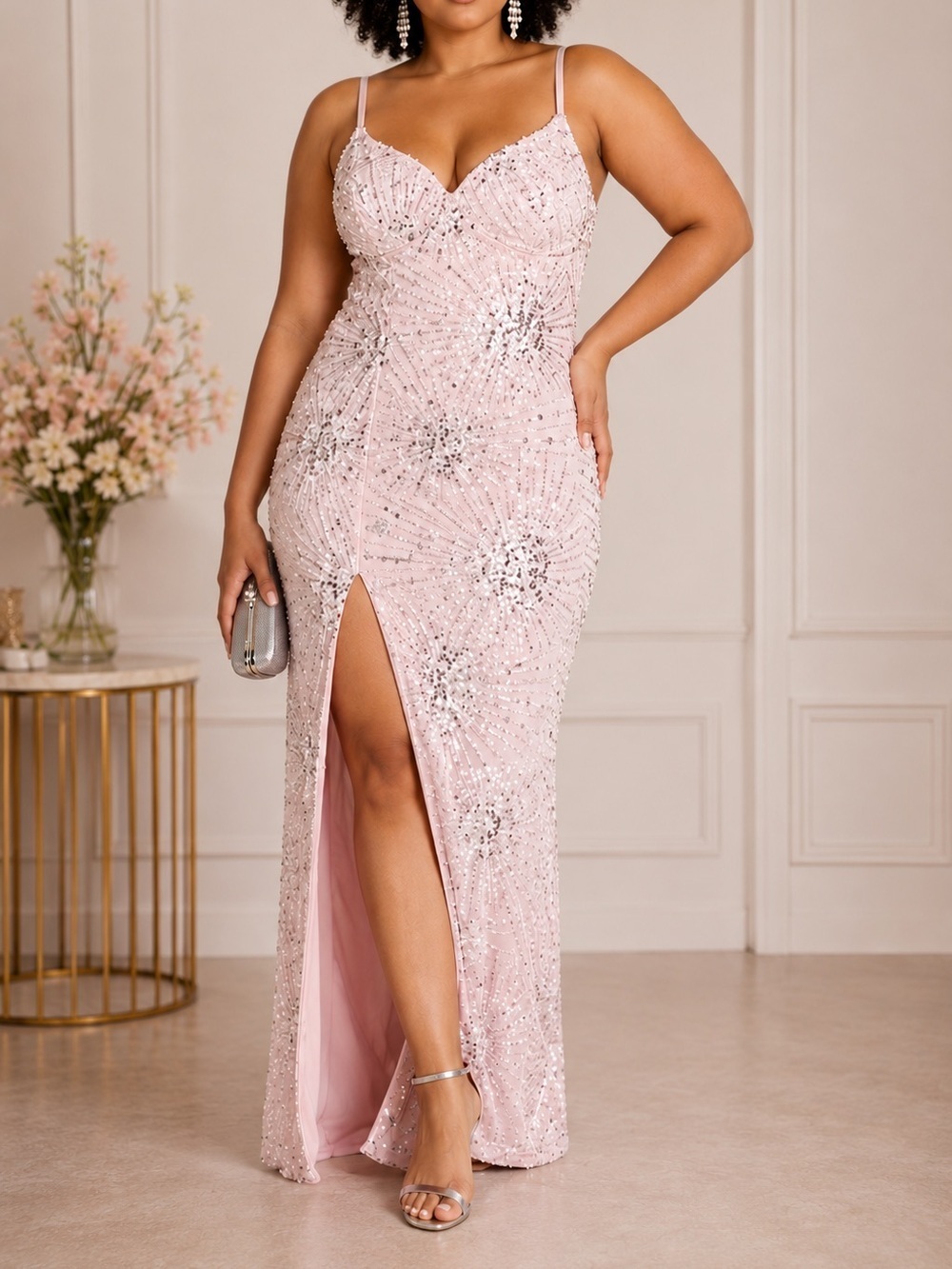 Forever 21 Plus Sequin Beaded Maxi Dress Petal Pink NWT Size 0X